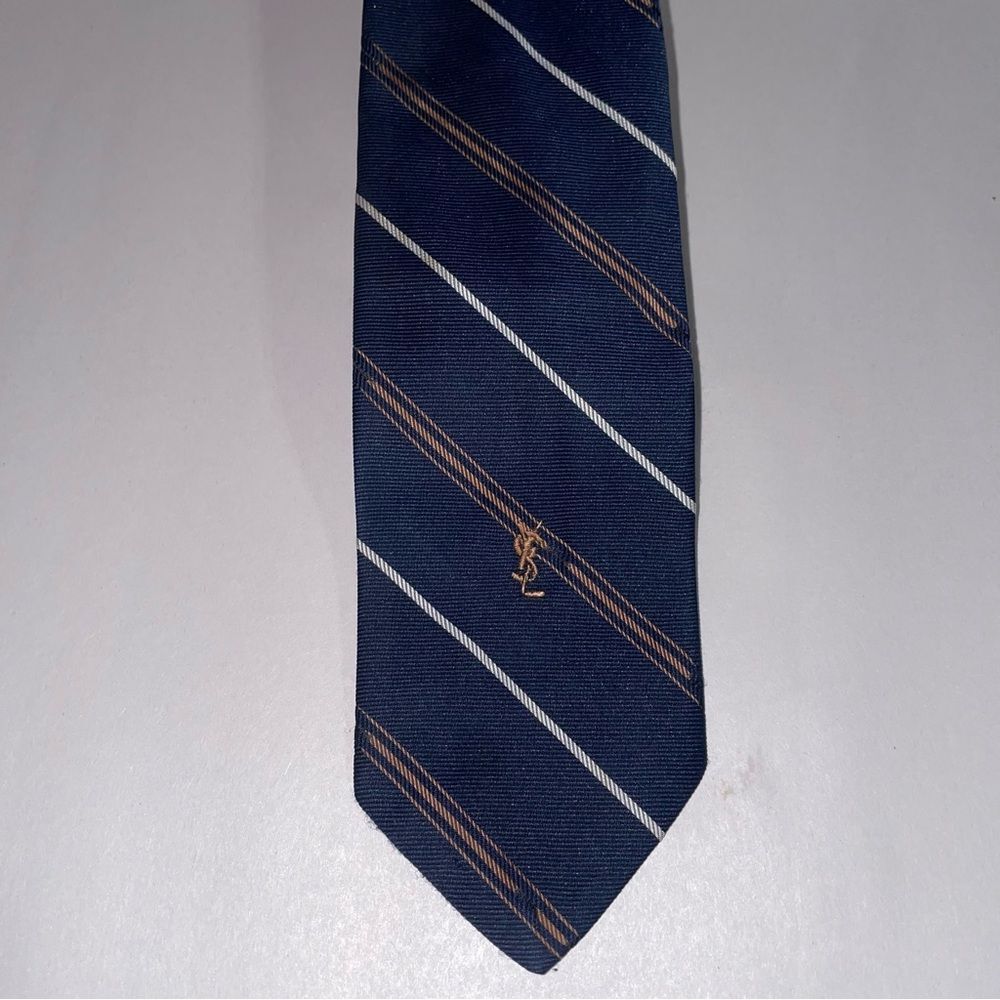 Yves Saint Laurent Men Neck Tie Striped Silk Jacquard Navy Tapered Office Career